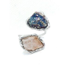 Rainbow peacock ore and raw moonstone crystal Ring adjustable fantasy style jewe